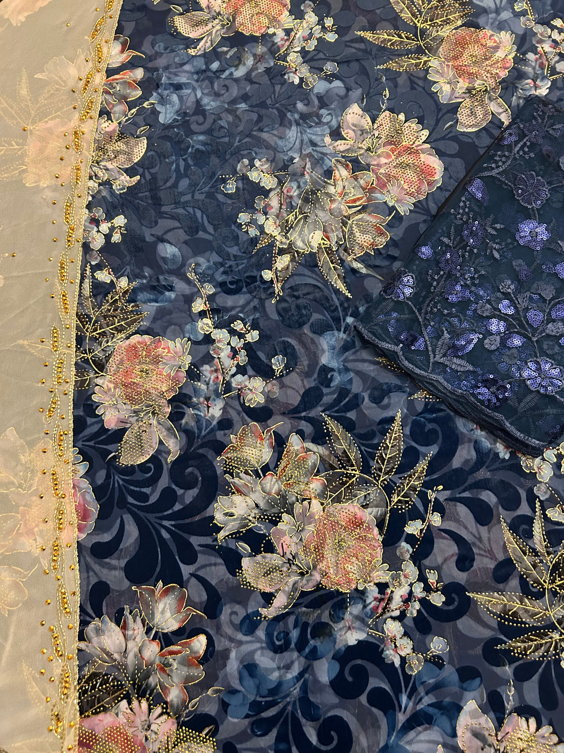 LIMITED EDITION (Maqbal-Silk)   Navy Bleu Flower Heaven