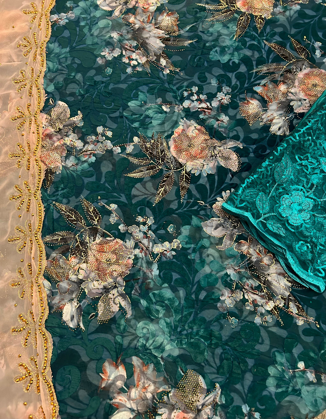 LIMITED EDITION (Maqbal-Silk) Forest Green Flower Heaven